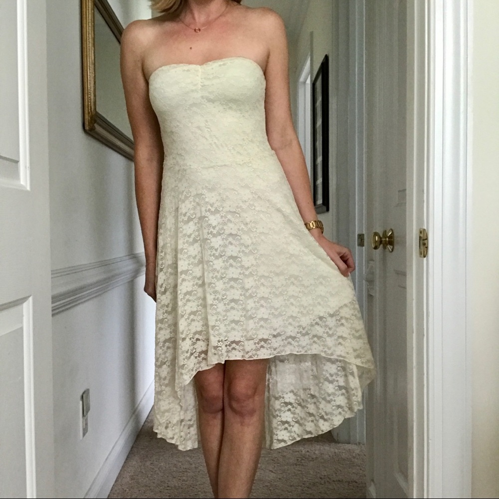 Sweetheart, Strapless, Sheer Lace, High-Low Dress